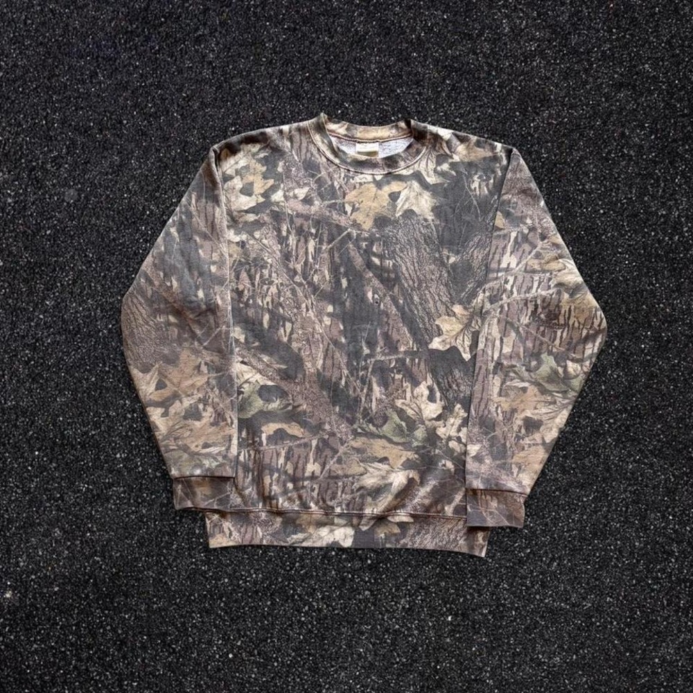 Vintage Mossy Oak Camo Sweatshirt Mens Medium All Over Print Tree Camouflage M